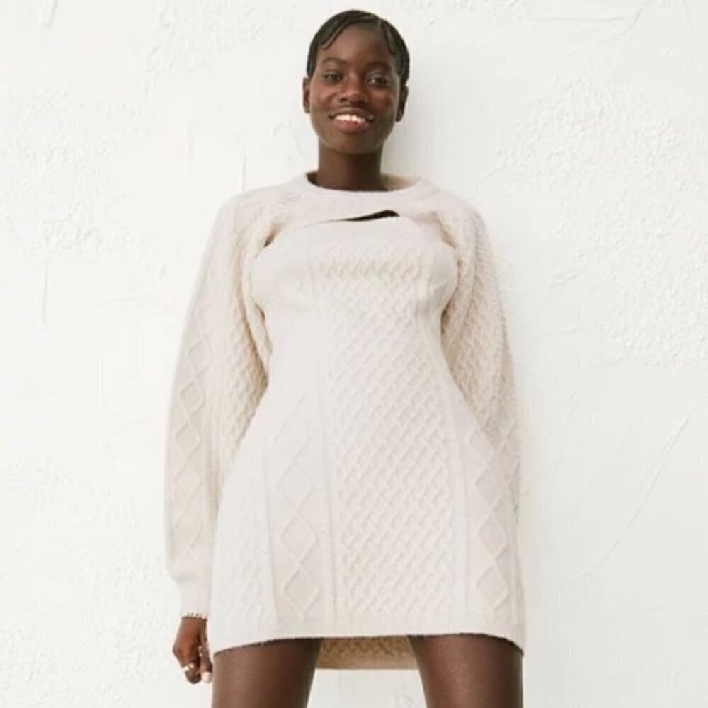 H&M SZ L Cream Cable-Knit Bodycon Wool Blend Sweater Dress Layering Classic - Picture 2 of 11